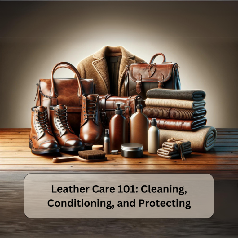 A collection of high-quality leather items including a jacket, bag, and wallet from Hakimi Leather, showcasing the importance of proper care and maintenance.